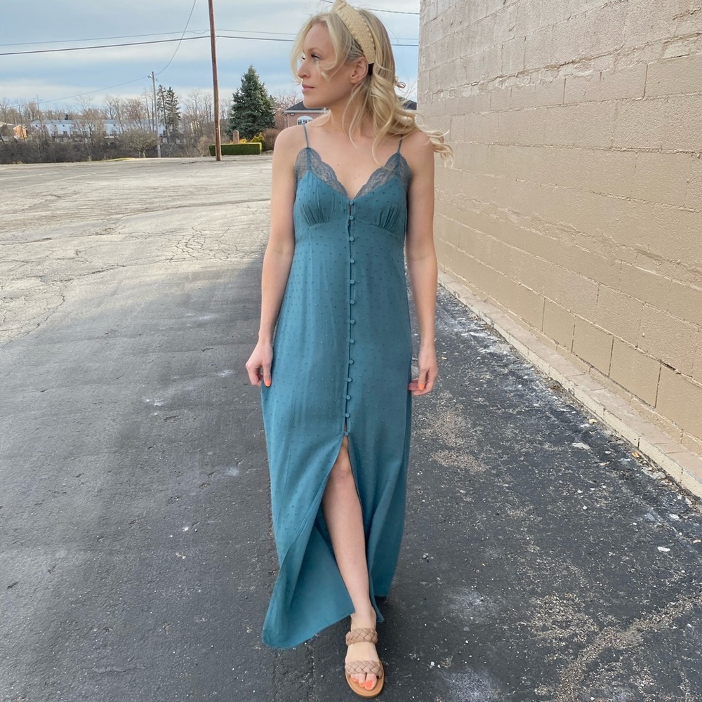 Teal Lovestitch Button Front Swiss Dot Maxi Slip Dress